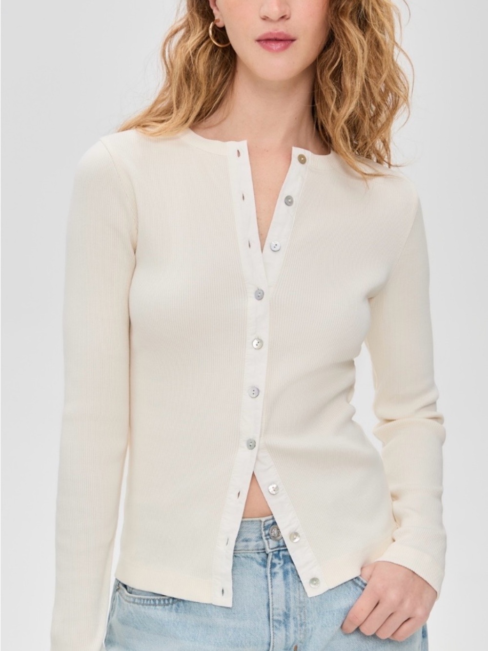 Madewell Button Down Cardigan Tee Long Sleeve Ribbed Ivory Medium